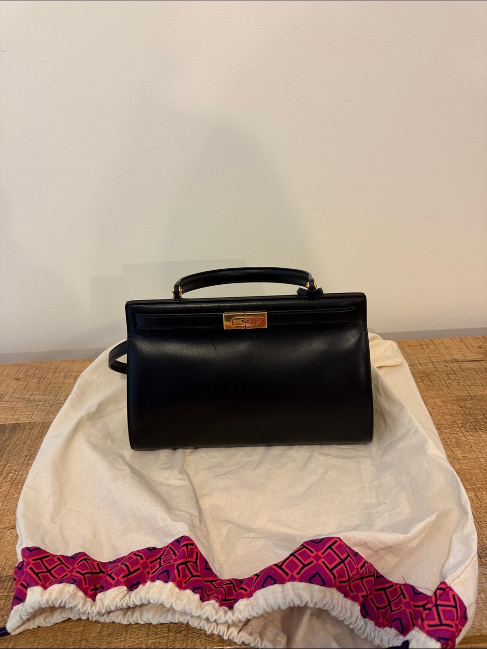 Tory Burch Black Top-Handle Leather Bag with Gold Hardware
